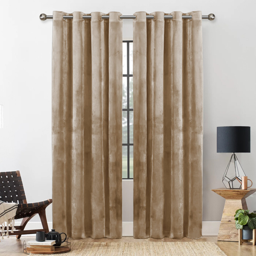 (Beige, 66" x 90" (168 x 228)cm) Velvet Curtain Pair Thermal Insulated Curtains with Tie Backs