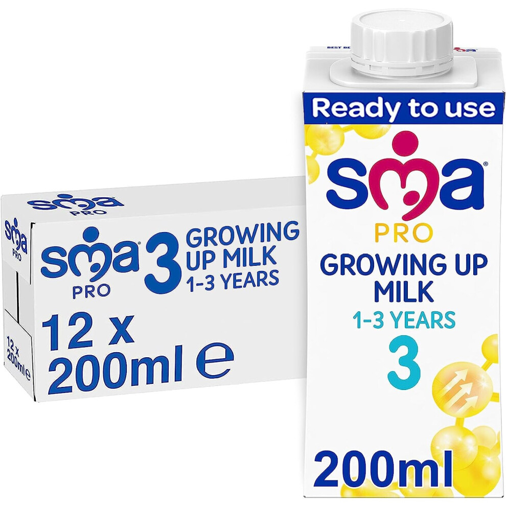 SMA PRO Growing-Up Baby Milk, 1-3 Years, Ready to Drink Liquid Formula 200 ml (Pack of 12)