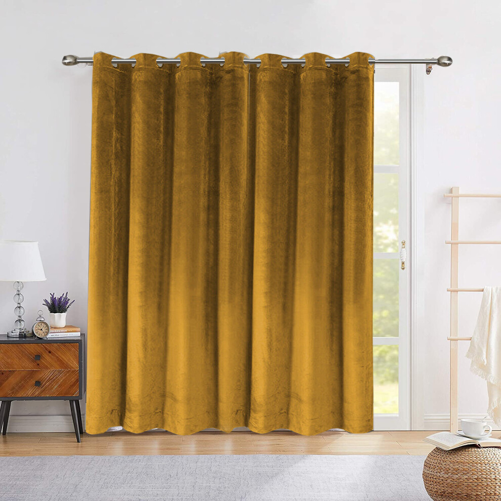 (Ochre Mustard, 66" x 84" (168 x 213)cm-Single Panel) Velvet Curtain Pair Thermal Insulated Curtains with Tie Backs