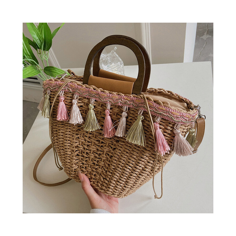 Summer Womens Tassels Straw Shoulder Bag Female Weaving Handbags Beach Tote Seaside Bucket Bags Crossbody Bags-image-OPC-PBWT7BR-NEW