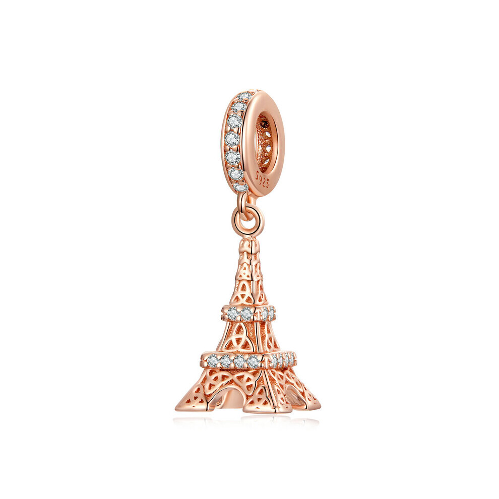 Love Paris Eiffel Tower Rose Gold Dangle Charm Pendant With Cubic Zirconia Genuine 925 Sterling Silver Compatible With Pandora Bracelets