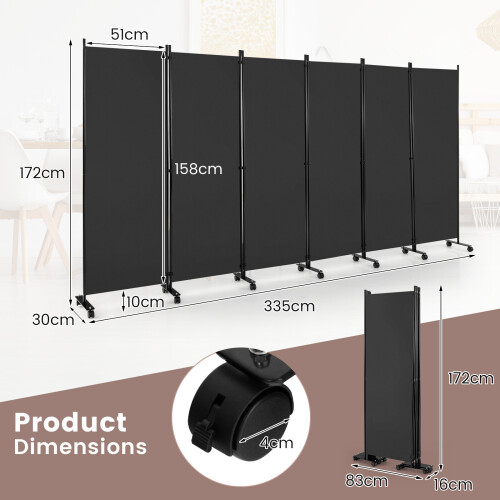 Costway 6-Panel Folding Room Divider Rolling Privacy Screen w/ Lockable Wheels 1