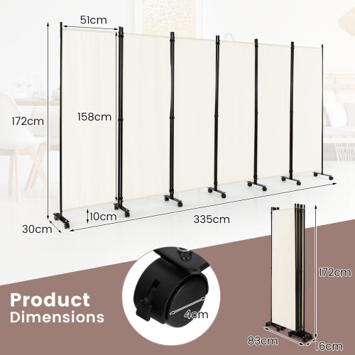 Costway 6-Panel Folding Room Divider Rolling Privacy Screen w/ Lockable Wheels 1