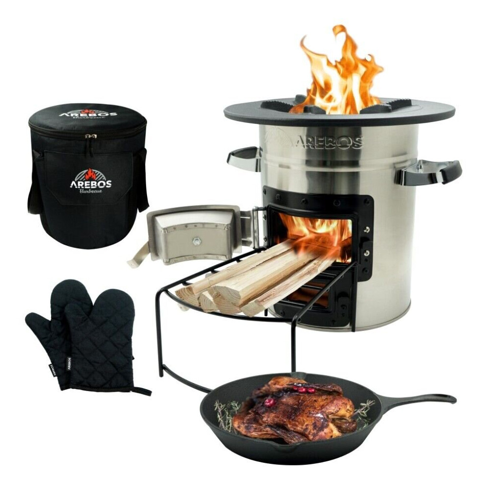 AREBOS Rocket Stove incl. Cast Iron Grill Pan with Carrying Bag & Gloves |Dutch Oven BBQ | Portable Camping Cooker Wood Stove | Outdoor Kitchen|Silver