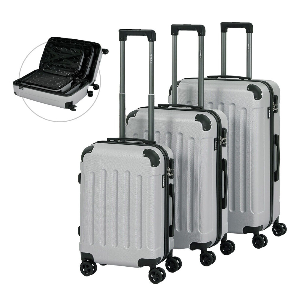 AREBOS Travel Suitcase Set 3 Hard Case Trolley Suitcase Set S-M-L Set Silver