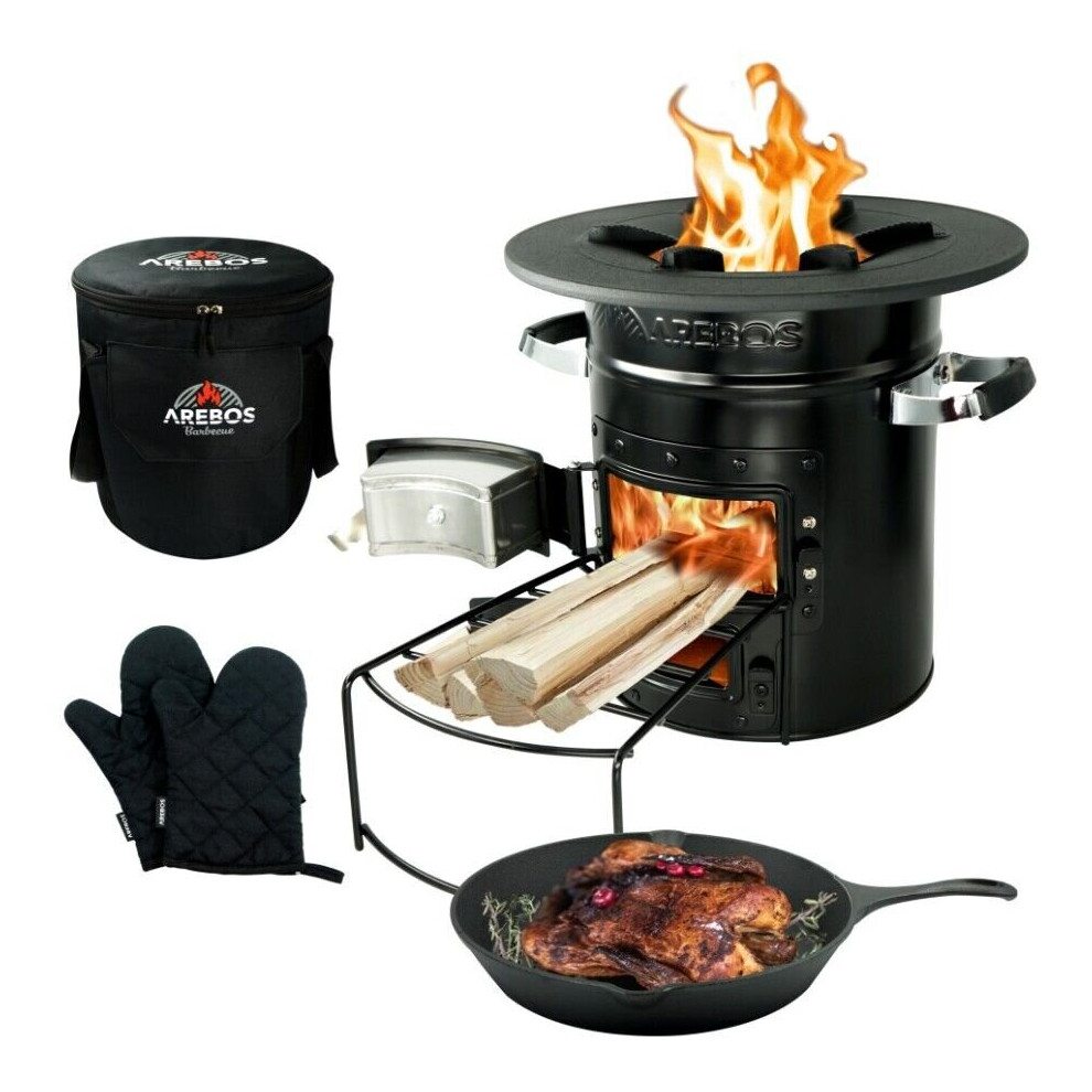 AREBOS Rocket Stove incl. Cast Iron Grill Pan with Carrying Bag & Gloves | Dutch Oven BBQ | Portable Camping Cooker Wood Stove | Outdoor Kitchen|Black
