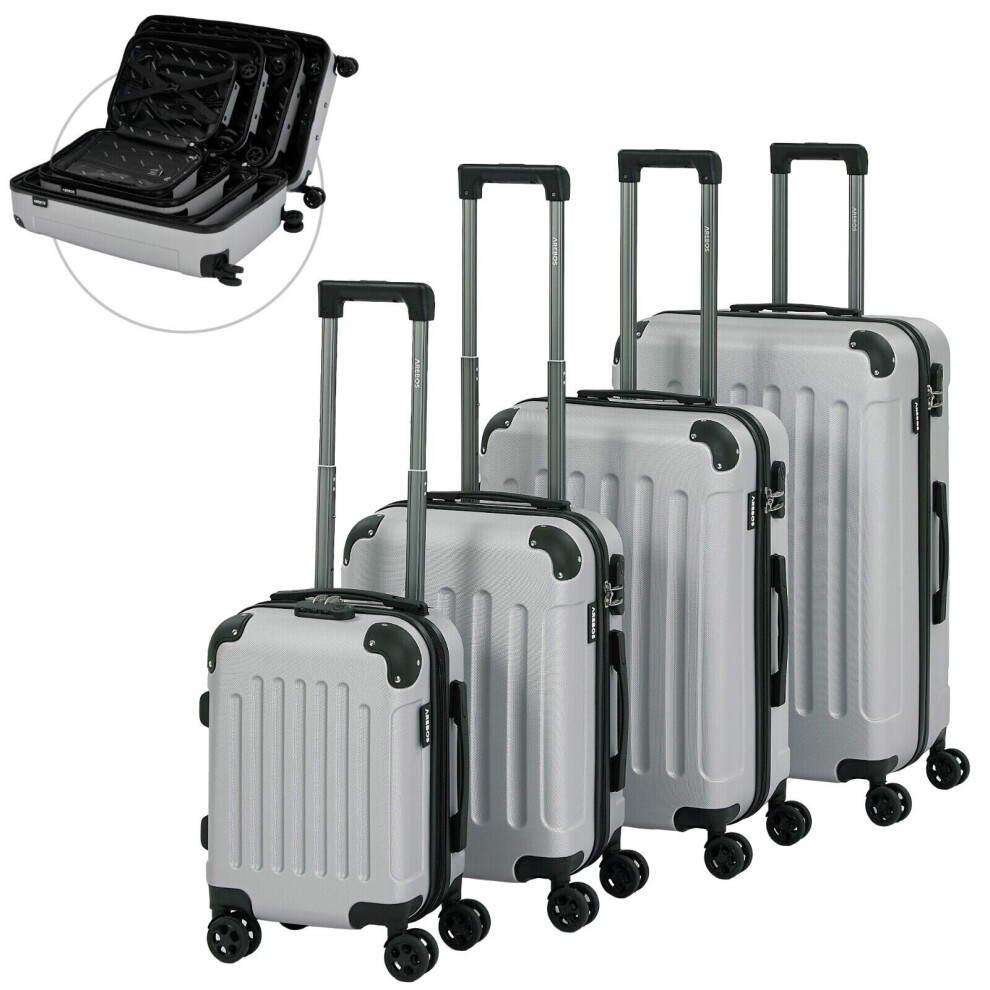 AREBOS Travel Suitcase Set 4 Hard Case Trolley Suitcase Set S-M-L-XL Set Silver