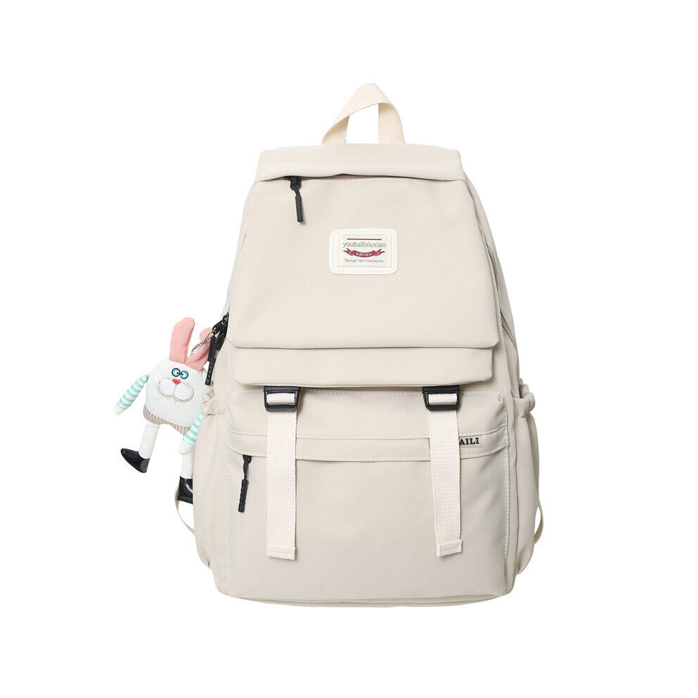 (Beige-With pendant) Womens Backpack Solid Female Multi-pocket Woman Travel Bag High Schoolbag for Teenage Girl Boy Book Knapsack-image-OPC-PBWTT27-NEW