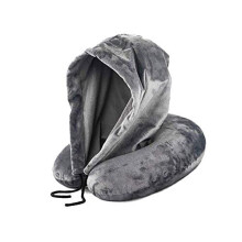 Hooded Travel Pillow Head, Chin and Neck Support Super Soft Velour Cover with Memory Foam Comfortable & Unique Design One Size for Adults Kids(grey)