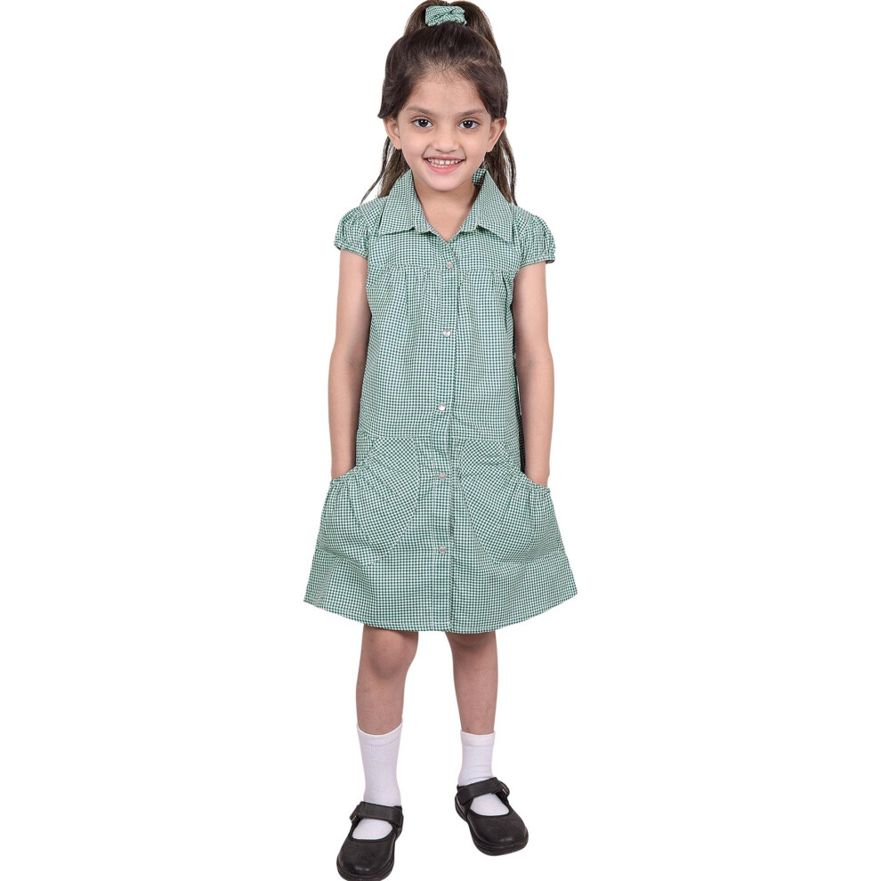 (7-8 Years, Green) Girls School Uniform Pleated Gingham Checked Dress