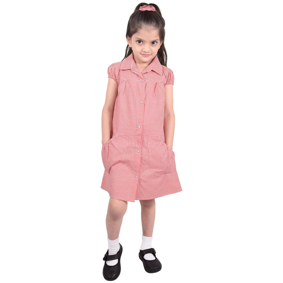 (8-9 Years, Red) Girls School Uniform Pleated Gingham Checked Dress