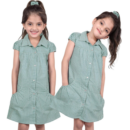 (6-7 Years, Green) Girls School Uniform 2 Pack Pleated Gingham Dress