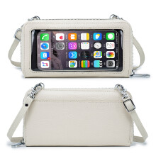 Womens Cow Leather Horizontal Cell Phone With Crossbody Bag Strap Transparent Touch Screen Long Zipper Wallets