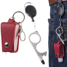 Hand Sanitizer Leather Bottle Portable Set Flip Cap Personal Care with No Touch Door Opener Key Ring Red
