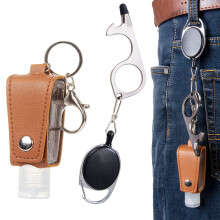 Hand Sanitizer Leather Bottle Portable Set Flip Cap Personal Care with No Touch Door Opener Key Ring Brown