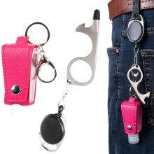 Hand Sanitizer Leather Bottle Portable Set Flip Cap Personal Care with No Touch Door Opener Key Ring Pink