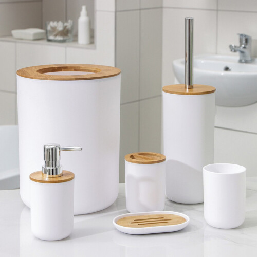 (White) 6pcs Bathroom Accessories Set Bin Soap Dispenser