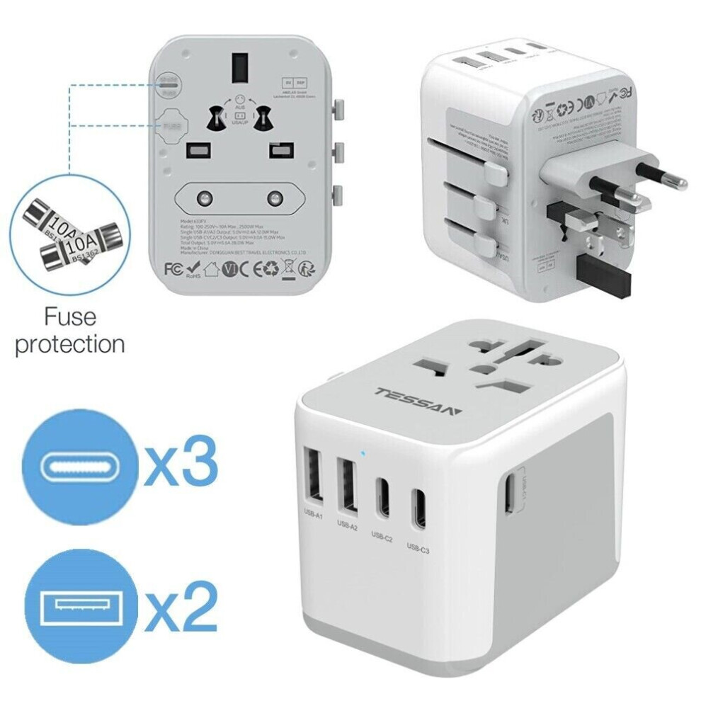 Worldwide Travel Adapter 2 USB A and 3 USB C Ports for USA UK AU China