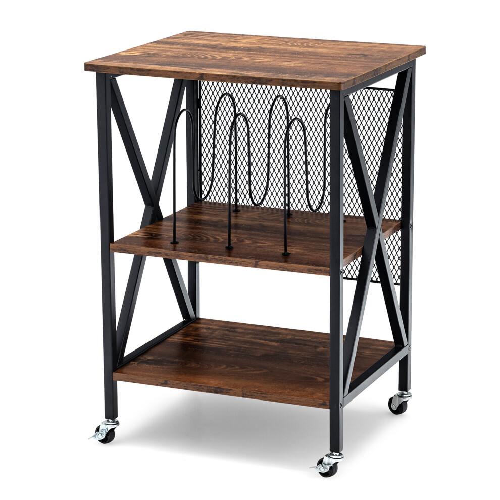 3-tier Rolling Stand Rustic Vinyl Record Storage Holder w/ 3 Dividers