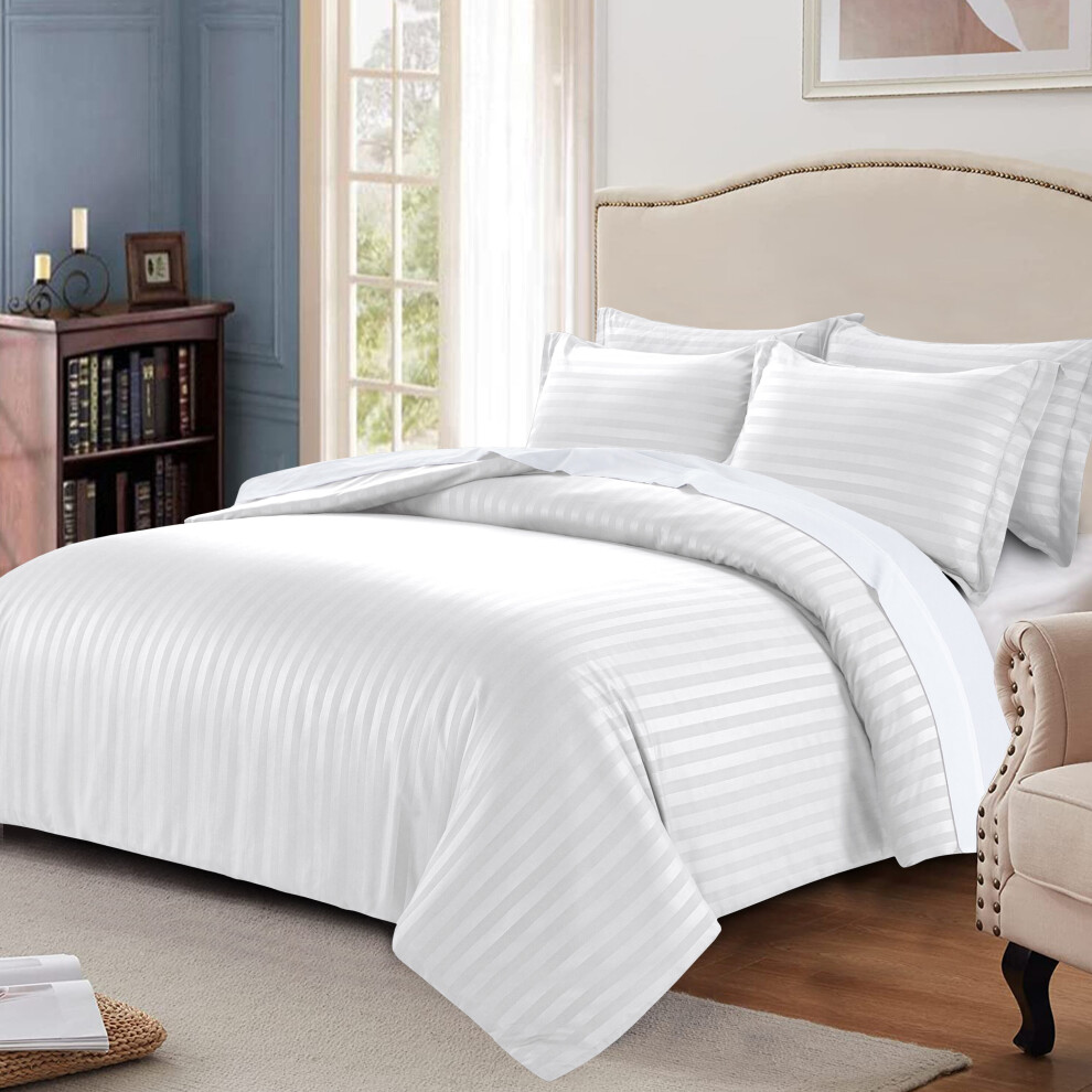 (Super King, White) Luxury Duvet Cover Set Satin Stripe Bedding Quilt