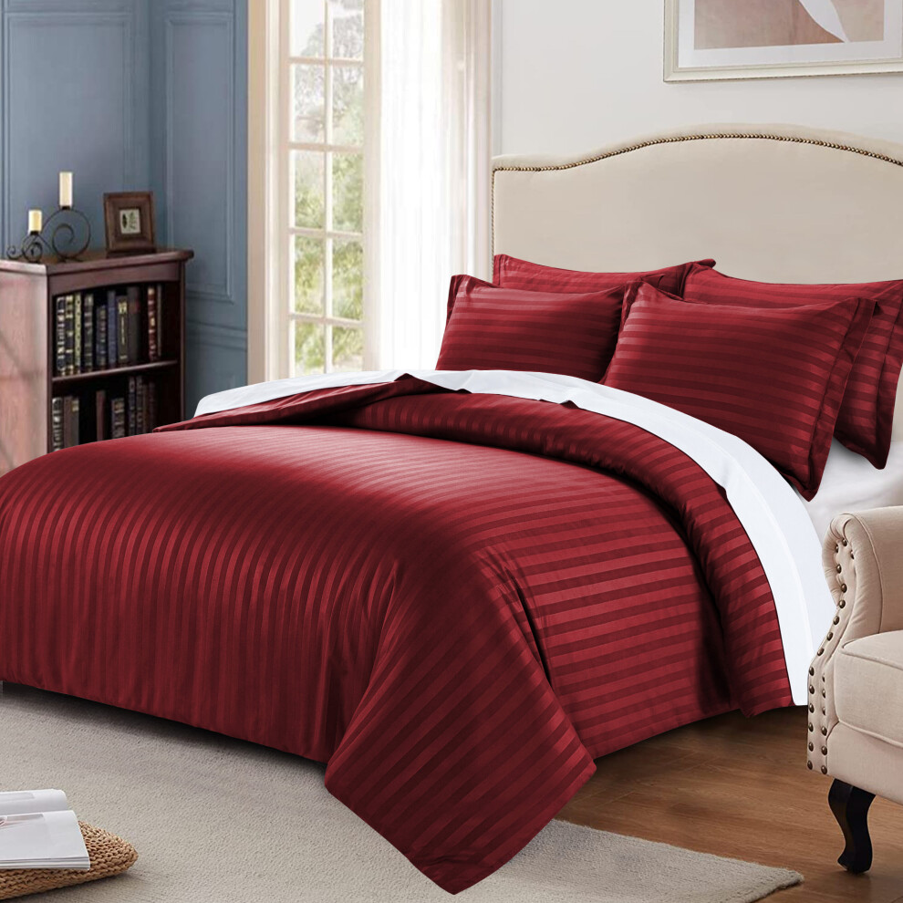 (Super King, Burgundy) Reversible Duvet Quilt Cover Stripe Bedding Set UK