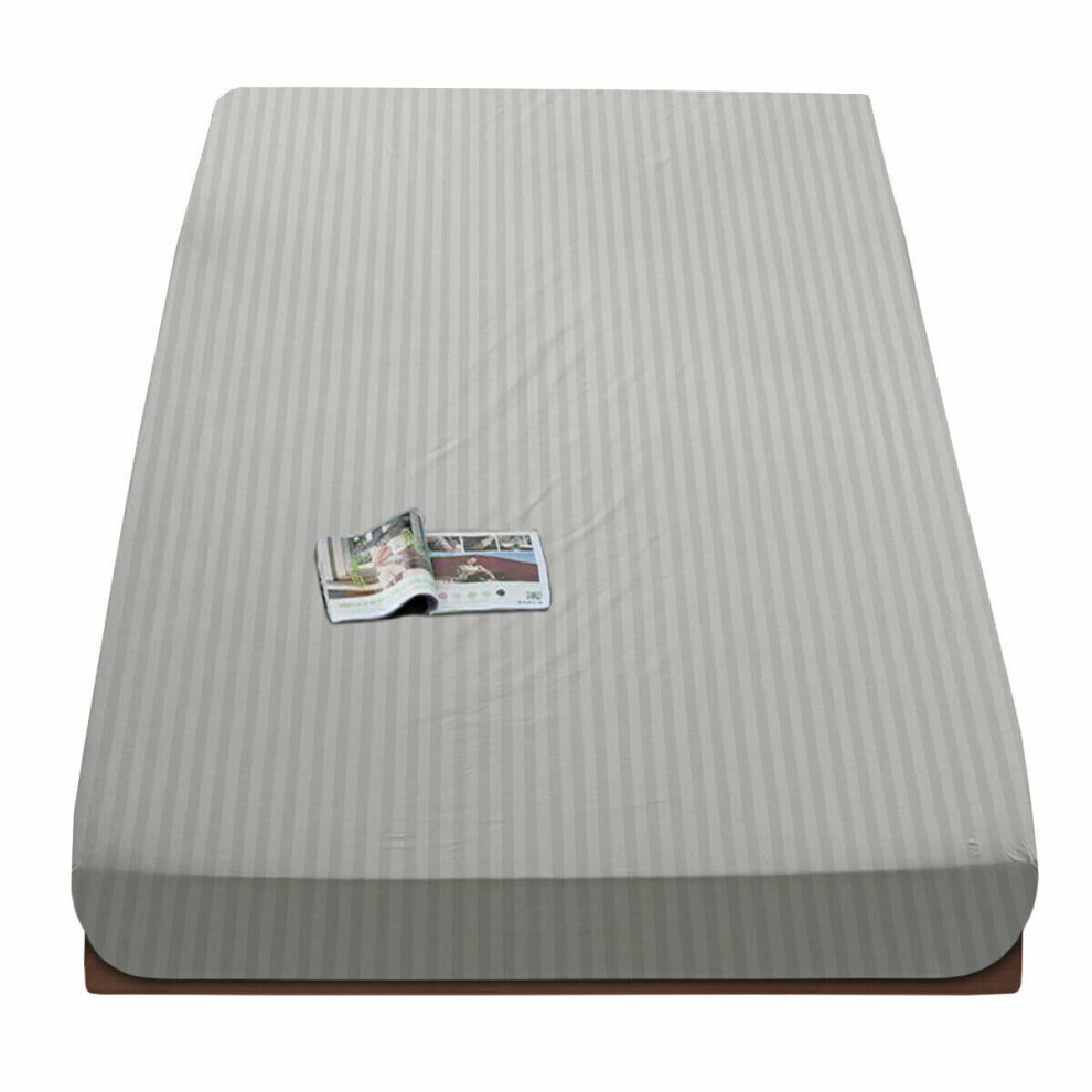 (Grey Silver, Double:137 x 191 CM.) Satin Stripe Fitted Bed Sheets & Plain Pillowcases