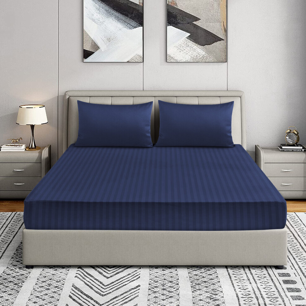 Yorkshire Bedding ( Navy, Double:137 X 191 Cm.) Satin Stripe Fitted Bed Sheets & Plain Pillowcases Blue