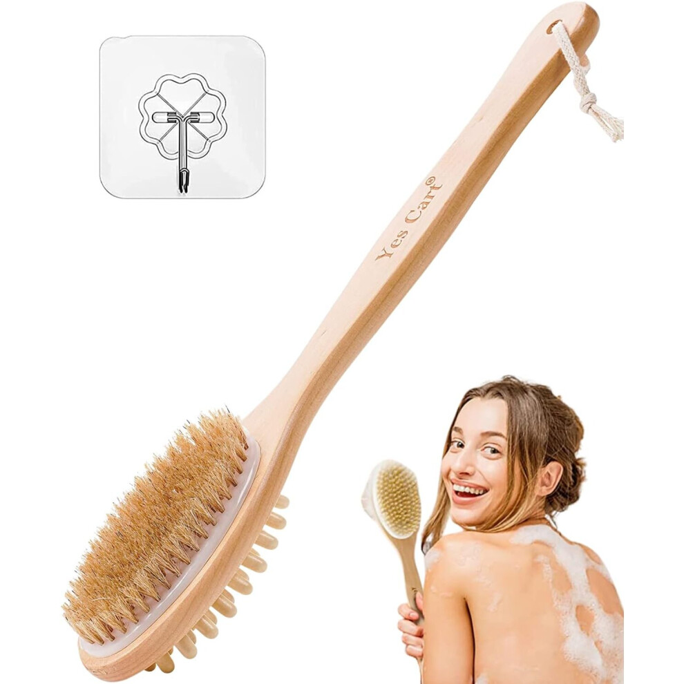 Yes Cart Back Scrubber for Shower - Soft 2 in 1 Shower Brush with Long HandleNatural Bristles Bath Brush | 40cm Back Brush Long Handle for Shower l