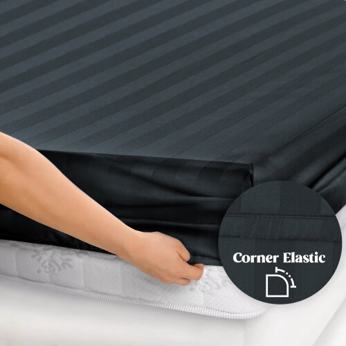 (Black, King: 152 X 200 CM.) Satin Stripe Fitted Bed Sheets & Plain Pillowcases