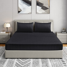 (Black, Single: 91 X 191 CM.) Satin Stripe Fitted Bed Sheets or Plain Pillowcases