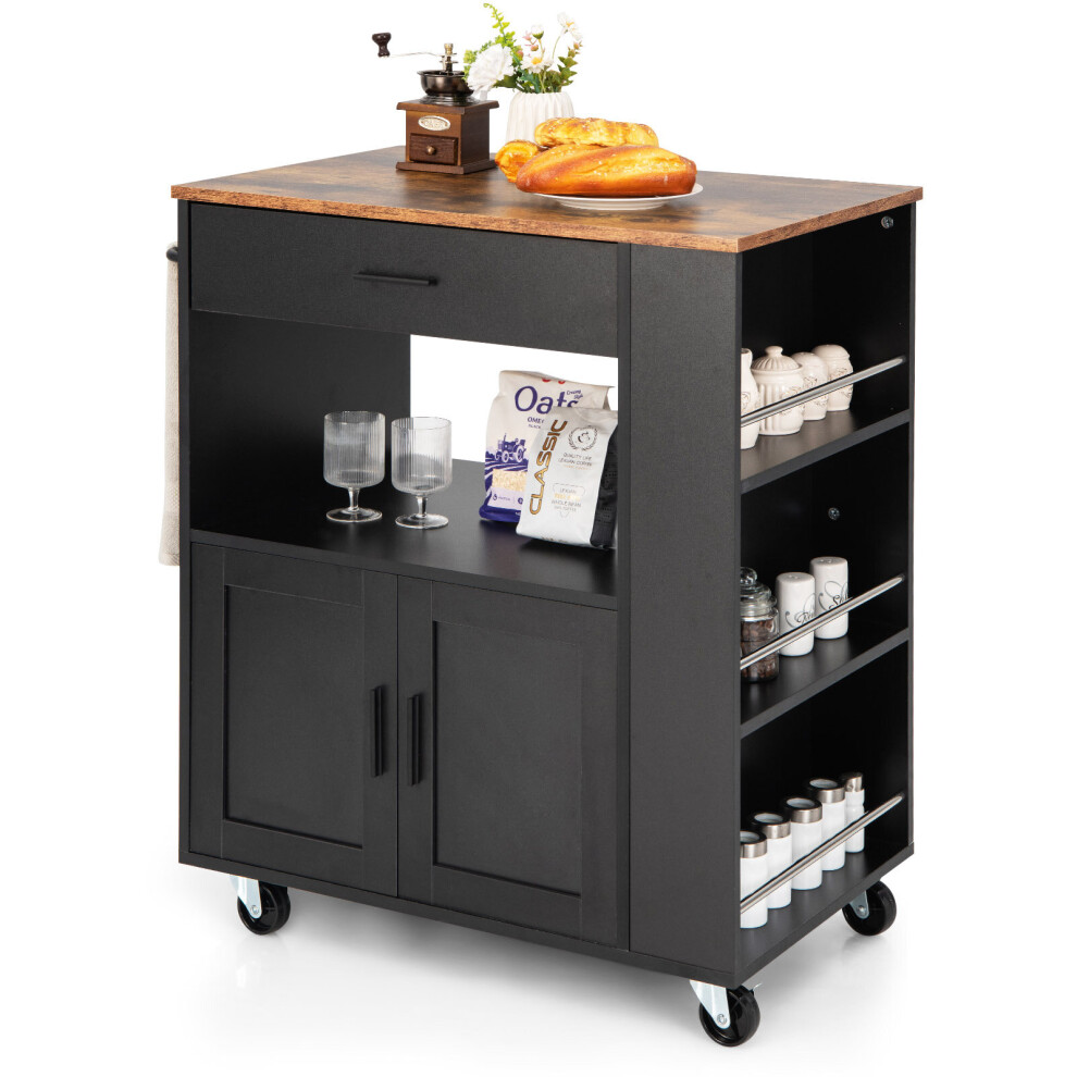 Rolling Kitchen Island Cart Mobile Serving Trolley with 3 Spice Racks