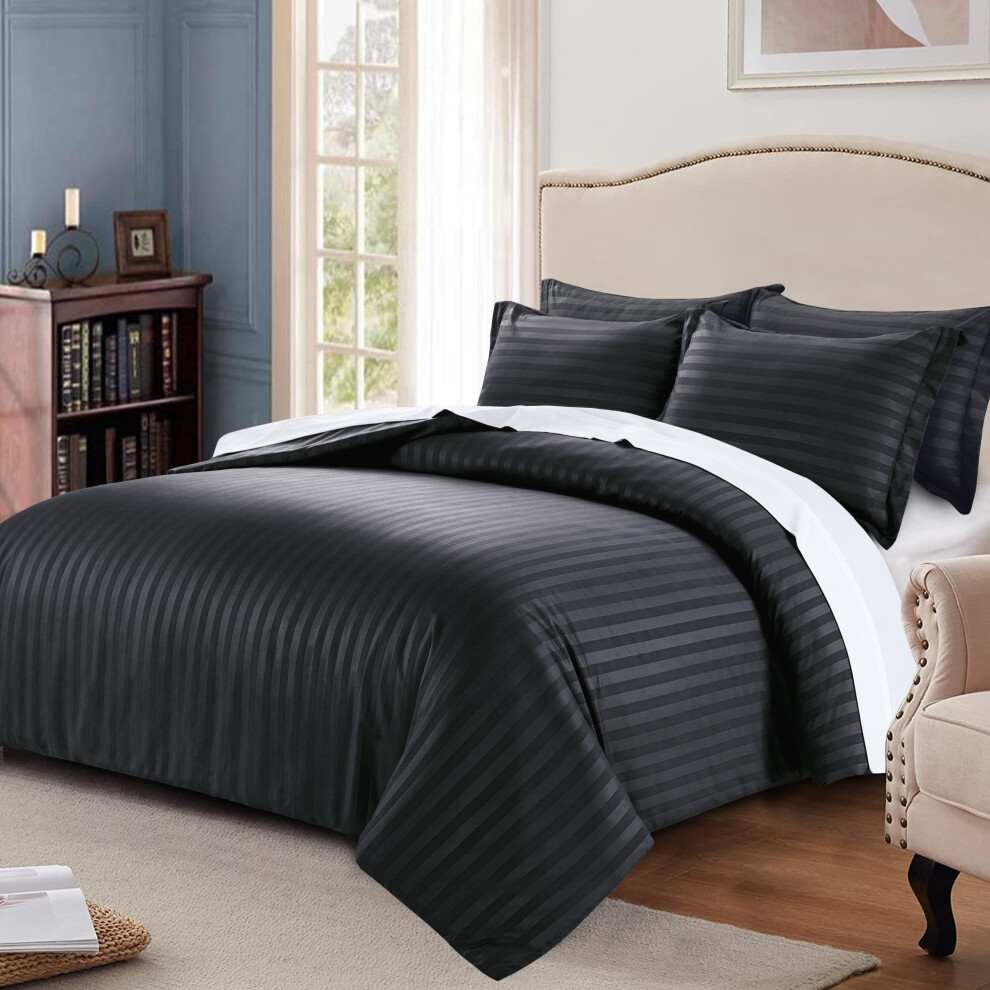 (Single , Black) Reversible Duvet Quilt Cover Stripe Bedding Set UK