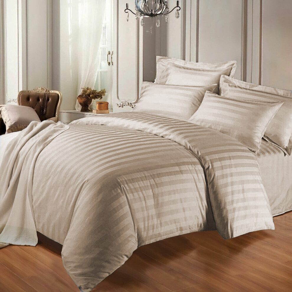 (Double, Beige) 3Pcs Duvet Quilt Cover Satin Stripe Bedding Set