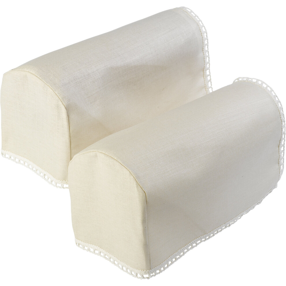 (Pair of Jumbo Round Arm Caps) Beige Linen Mix Antimacassar Furniture Cover with Lace Trim