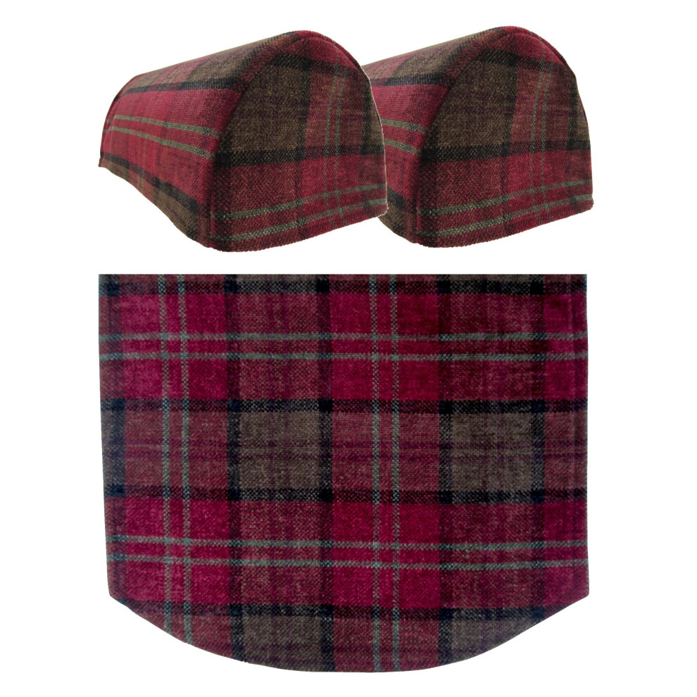(Red, Jumbo Round Arm Cap Pair & 1 Standard Chair Back) Balmoral Check Soft Touch Chenille Furniture Cover Antimacassar Set