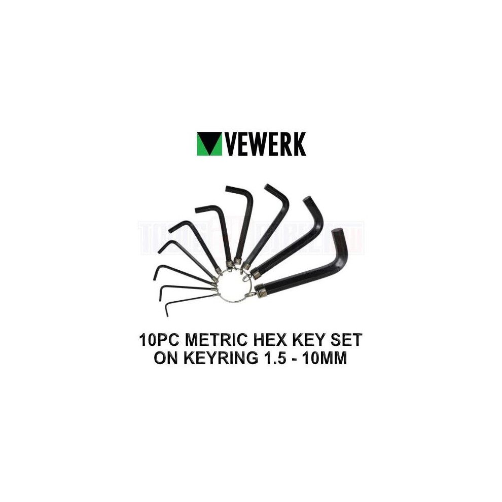 VEWERK 10PC Metric Allen Hex Key Set On Keyring 1.5 - 10mm 1626
