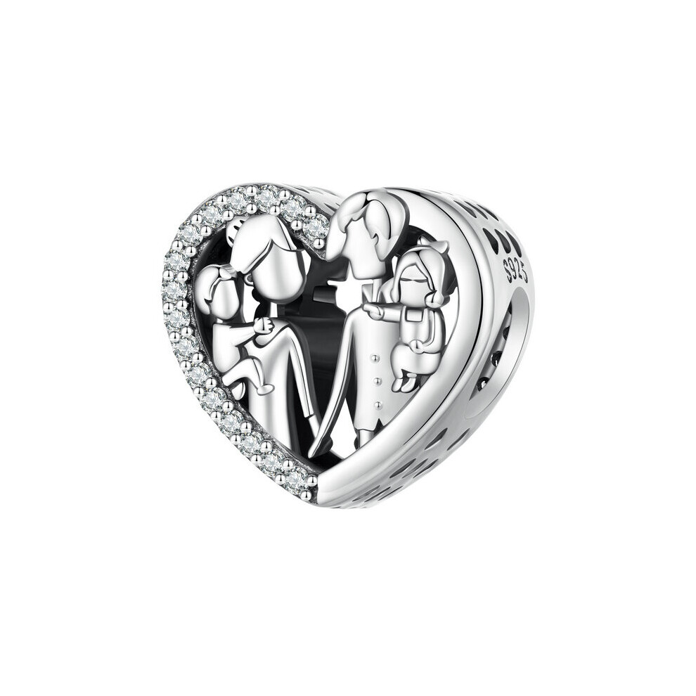 Love Heart Family Charm Bead Mum Mother Father Children With Cubic Zirconia Genuine 925 Sterling Silver Compatible With Pandora Bracelets