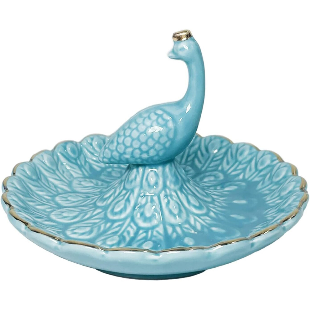 Ring Holder Dish, Ceramic Peacock Jewelry Dish Storage Box (Blue)
