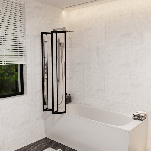 NES Home Nes Home 1100mm Width 4 Fold Bath Shower Screen Matt Black Frame 2