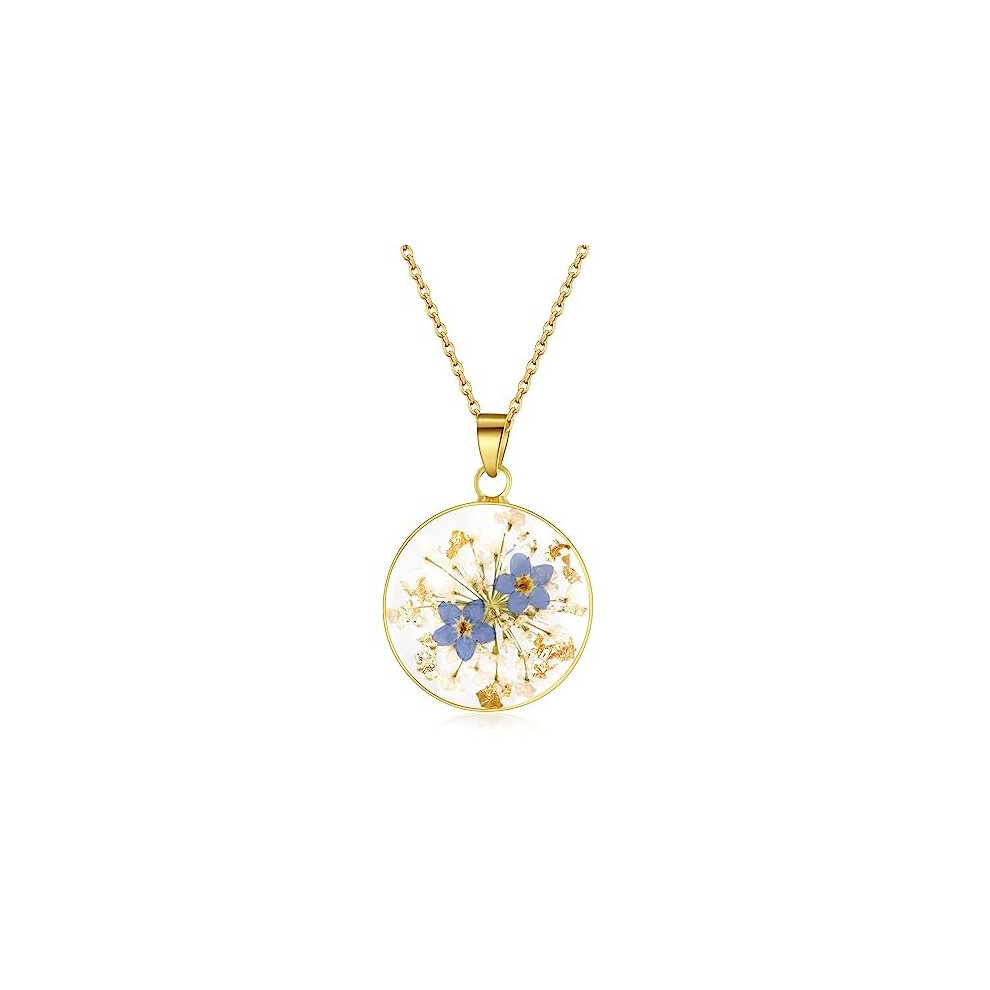 Forget-Me-Not and Queen Anne's Lace Pressed Wildflower Necklace | Gold Pressed Flower Necklace | Personalized Handmade Necklaces