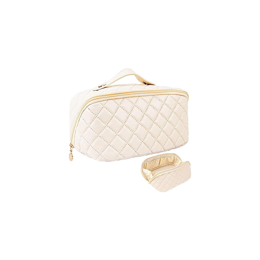 Tianfu Travel Makeup Bag For Women, Pu Leather Make Up Bag, Wide-Open Skincare Bag, Portable Travel Cosmetic Organizer For Women (Beige)