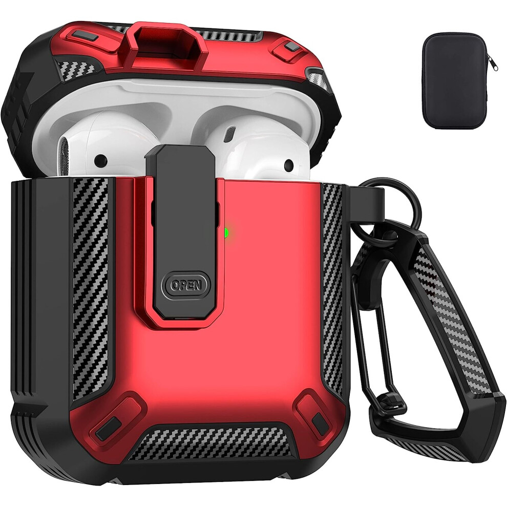 Airpods 1/2 Case With Locking Military Hard Shell Shockproof Case With Key Fob, Compatible With Apple Airpods 2Nd Generation And 1St Generation, Red 7042558495610