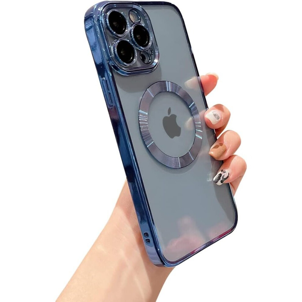 iPhone 13Pro Max Magnetic Clear with Camera Lens Case Full Protection MagSafe Electroplated Silicone Dust Screen Shockproof Case 6.7" - Blue