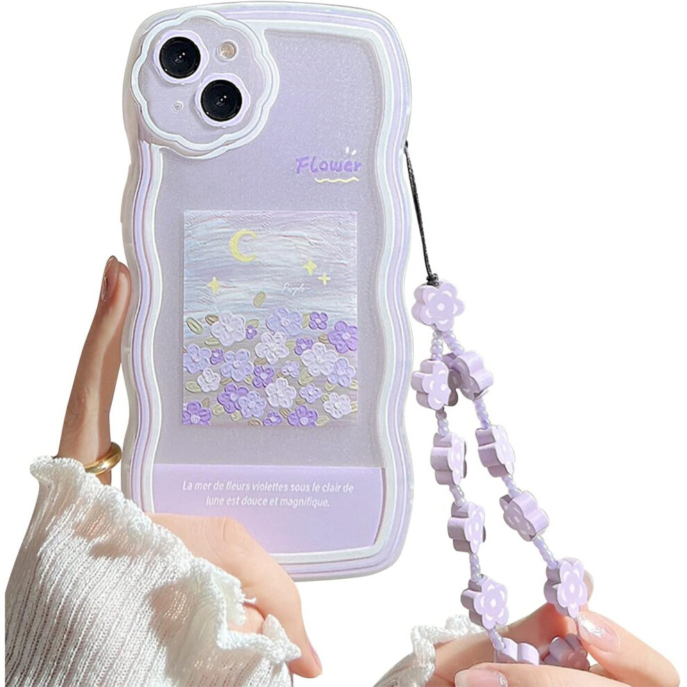 Compatible With Iphone 13 Cute Floral Design Aesthetic Women Teen Girls Floral Lens Case Iphone 13 + Chain Flower Purple 7042558496174