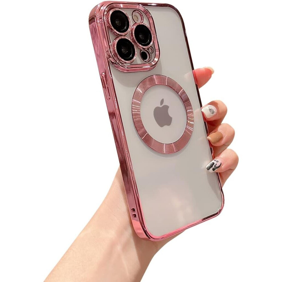 Iphone 13Pro Max Magnetic Clear With Camera Lens Case Full Protection Magsafe Electroplated Silicone Dust Screen Shockproof Case 6.7" - Pink 7042558496044