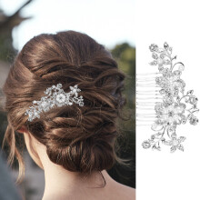 (Silver) Wedding Bridal Hair Accessories Comb Clips Piece Crystal Diamante Pearls Flower