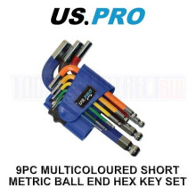 US PRO Tools 9PC Multicoloured Short Metric Ball End Allen Hex Key Set 1.5 - 10mm 1632