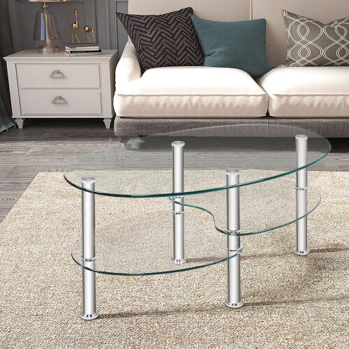 Costway 3-Tire Modern Oval Tea Table Side Table Tempered Glass Coffee Table 2