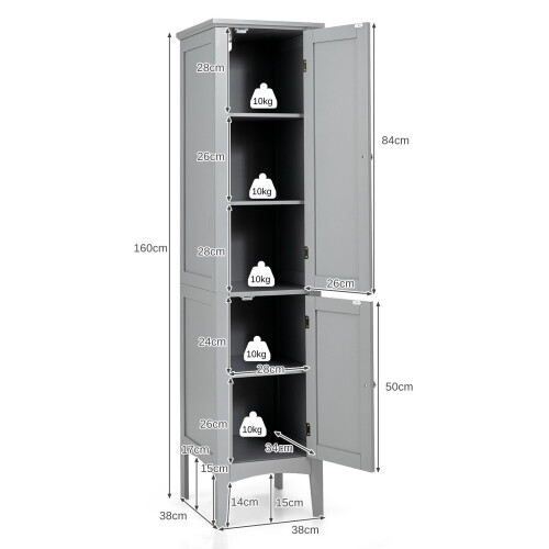 Costway 5 -Tier Bathroom High Storage Cabinet Freestanding Organizer 2 Shelves 1