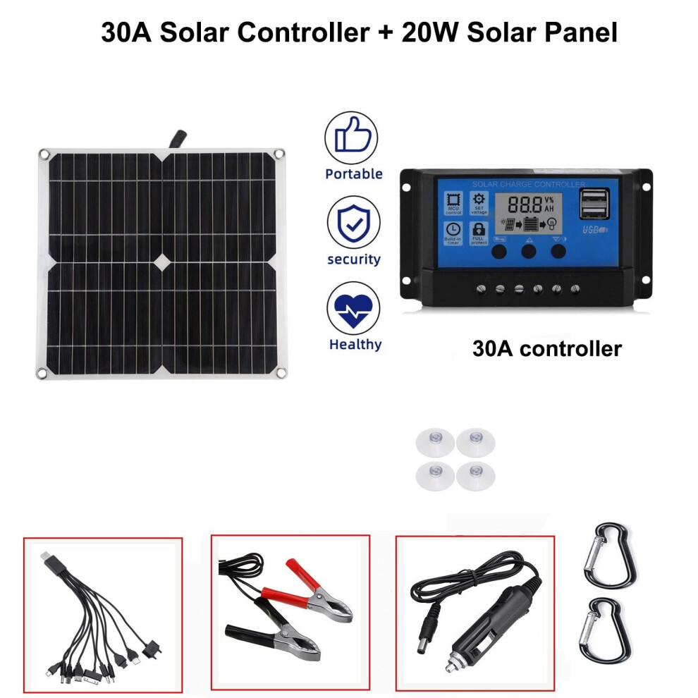 (panel with 30A) 20W Solar Panel USB 5V DC 12V With 10/20/30A Controller Flexible Solar cells for Car Yacht Battery Charger Camping Waterproof